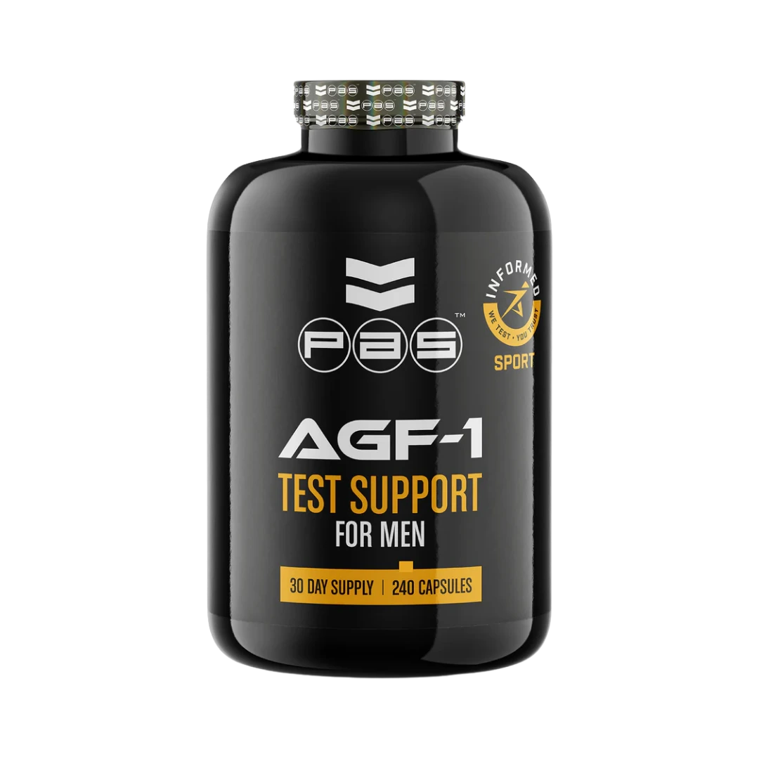 AGF-1 Test Support frá PAS Nutrition, svört dós með 240 hylkjum og Informed-Sport merki