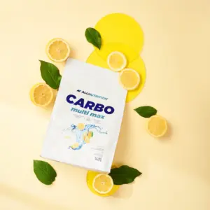 ALLNUTRITION Carbo Multi Max poki með sítrónusneiðum á gulum bakgrunni