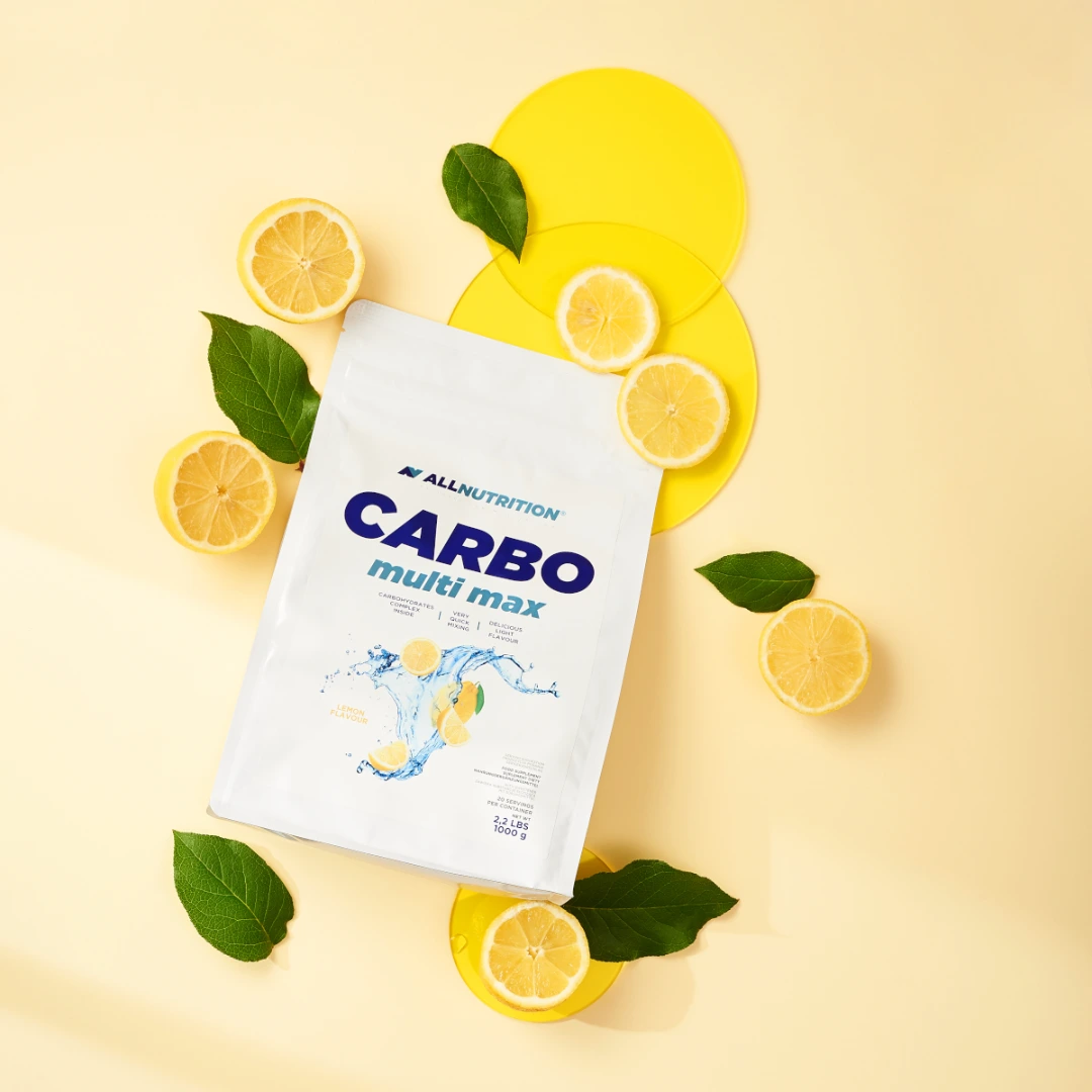 ALLNUTRITION Carbo Multi Max poki með sítrónusneiðum á gulum bakgrunni