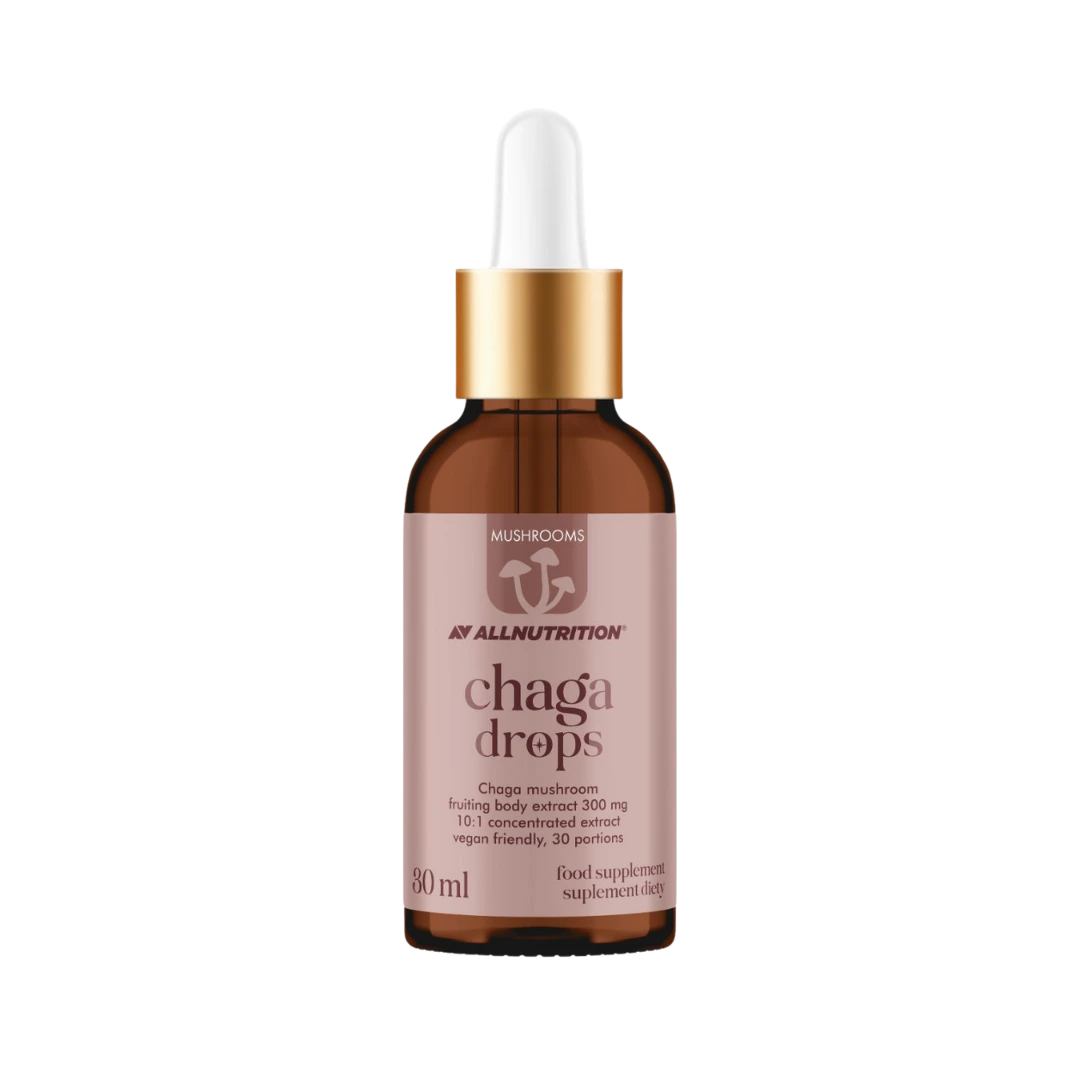 ALLNUTRITION Chaga sveppadropar, 30 ml brúnt glas með dropateljara og bleikum miða