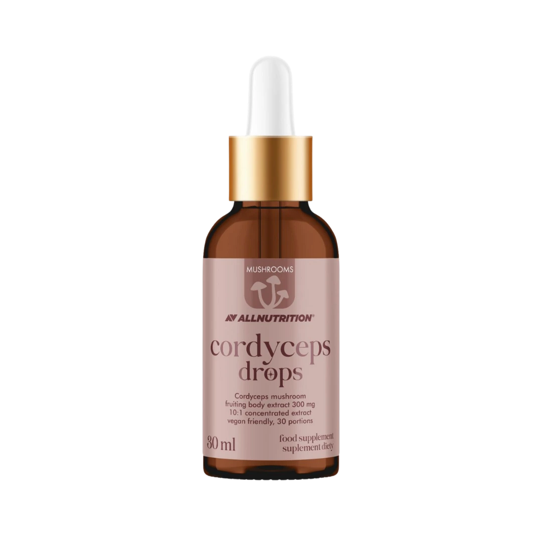 ALLNUTRITION Cordyceps sveppadropar, 30 ml brúnt glas með dropateljara og bleikum miða