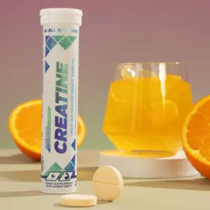 ALLNUTRITION Creatine freyðitöflur í túbu ásamt appelsínum og glasi