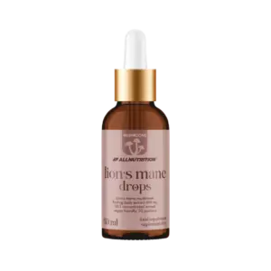 ALLNUTRITION Lion's Mane sveppadropar, 30 ml brúnt glas með dropateljara og bleikum miða