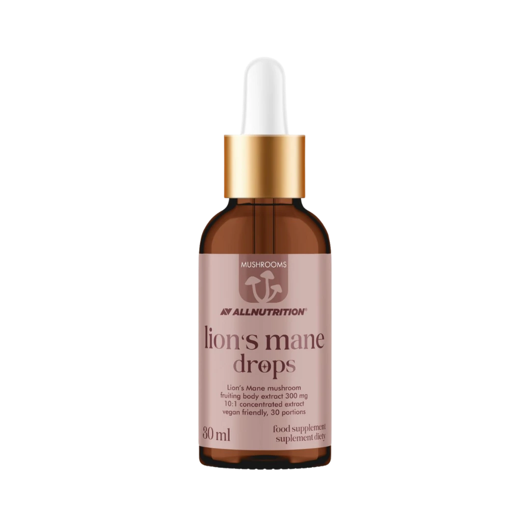 ALLNUTRITION Lion's Mane sveppadropar, 30 ml brúnt glas með dropateljara og bleikum miða