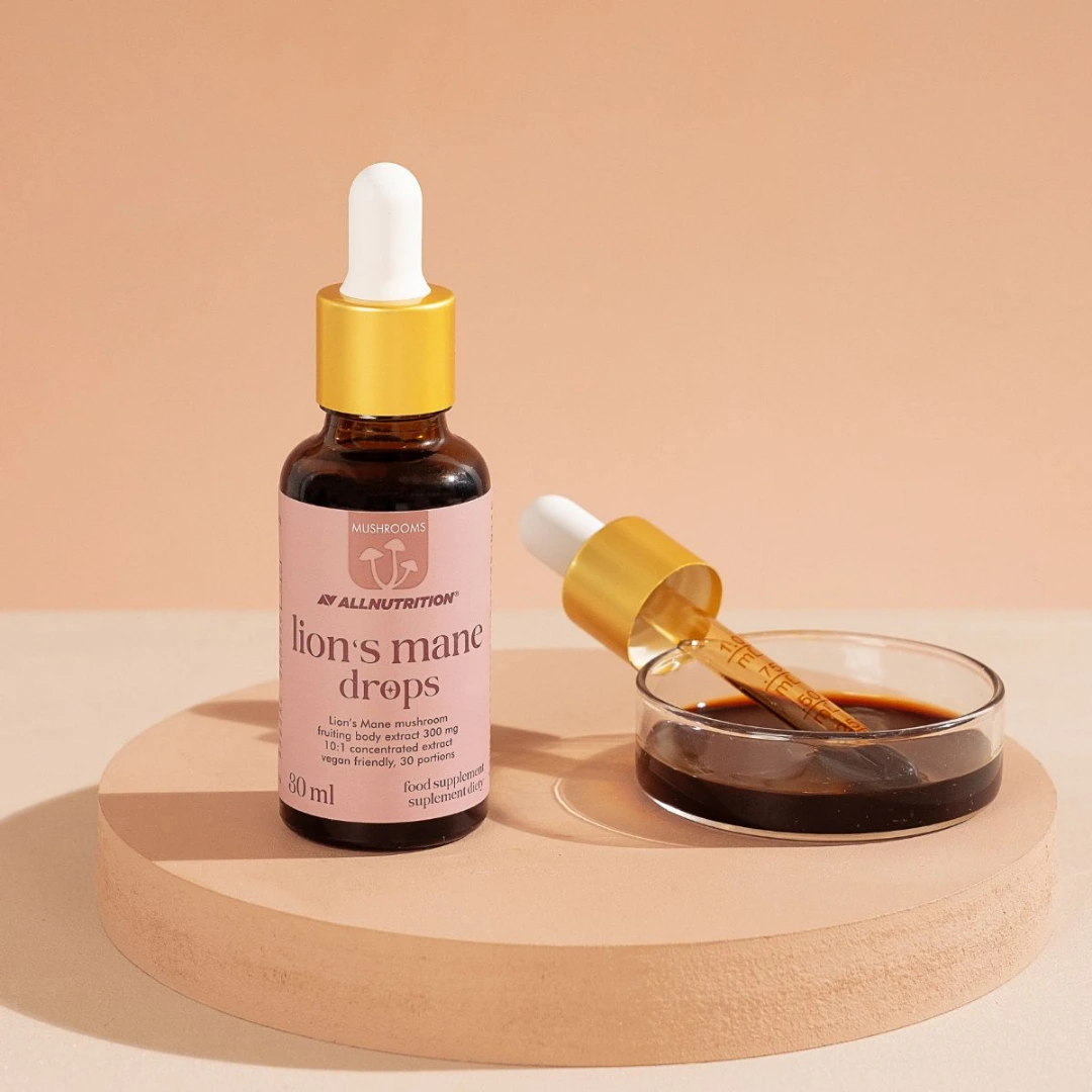 ALLNUTRITION Lion's Mane sveppadropar, 30 ml glas með dropateljara og skál
