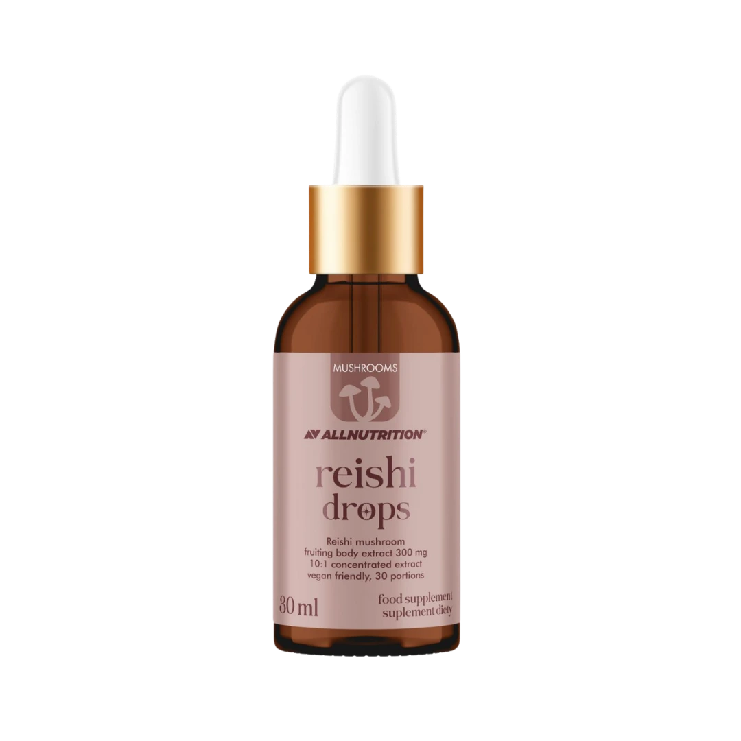 ALLNUTRITION Reishi sveppadropar, 30 ml brúnt glas með dropateljara og bleikum miða