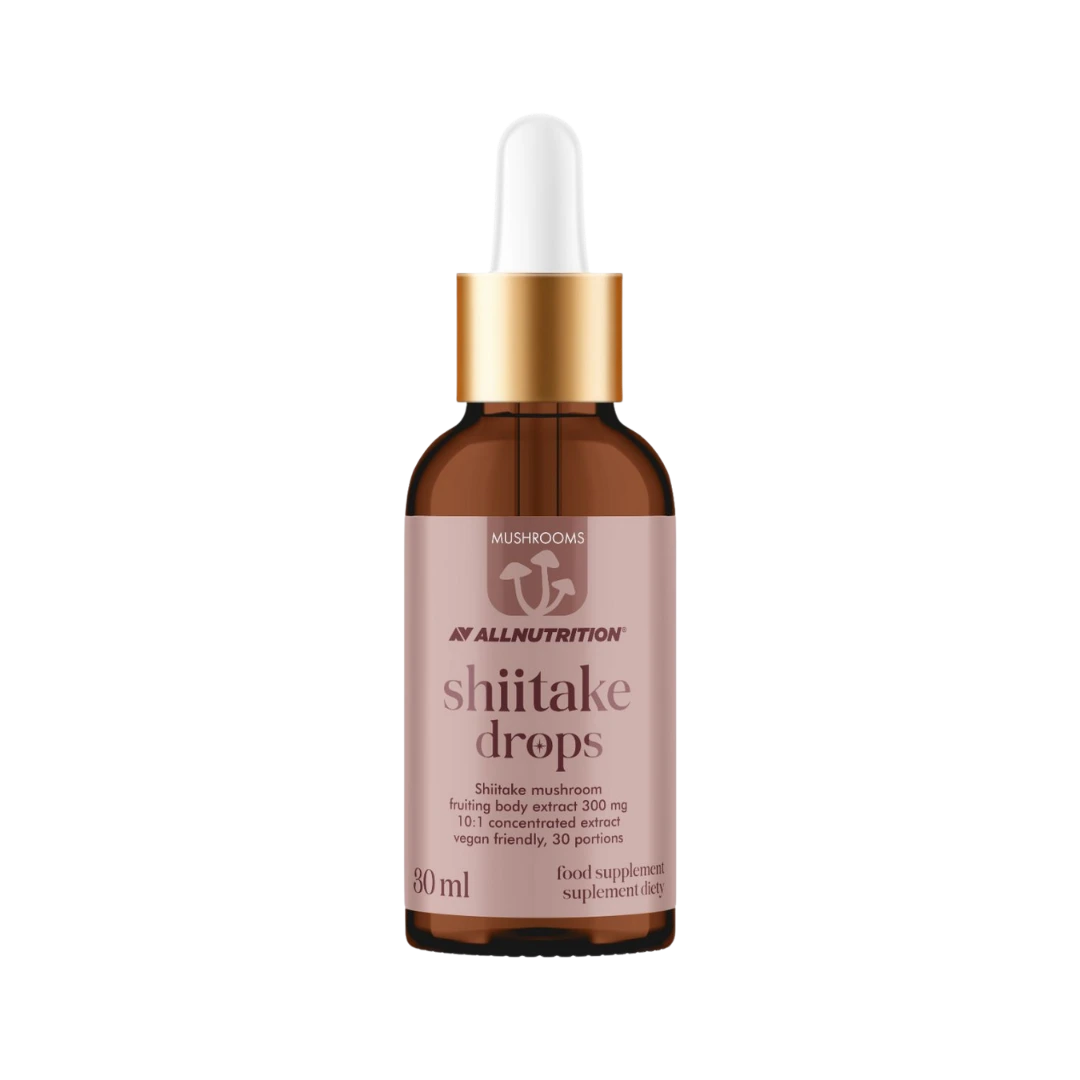 ALLNUTRITION Shiitake sveppadropar, 30 ml brúnt glas með gylltu loki og bleikum miða