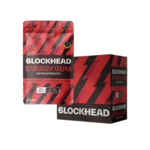 BlockHead Energy Gum tyggjó með koffíni, rauður poki og askja