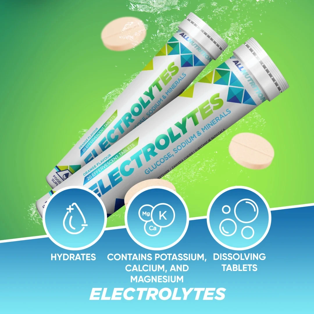 Þrjár túpur af Allnutrition Electrolytes ásamt freyðitöflum og táknum fyrir vökvajafnvægi, kalíum, kalsíum og magnesíum