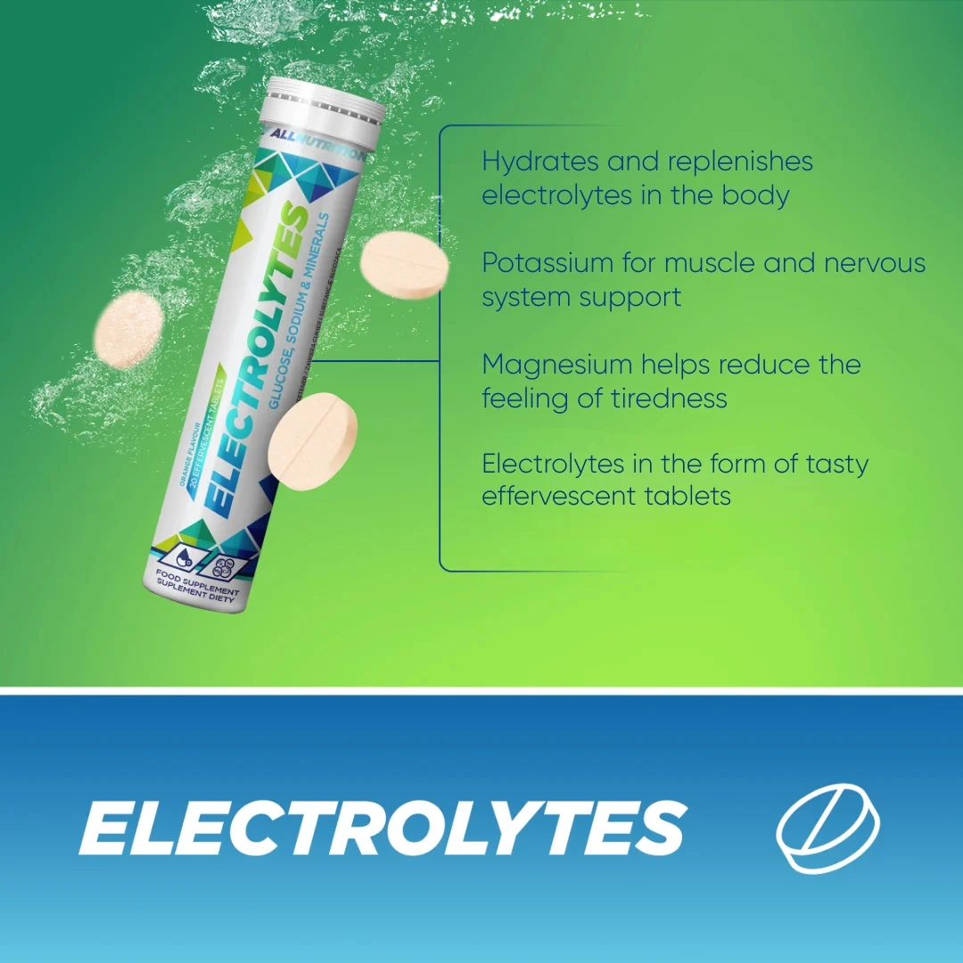 Túpa af Allnutrition Electrolytes í vatni með upptalningu á ávinningi: vökvajafnvægi, stuðningur við vöðva og taugakerfi og minni þreyta