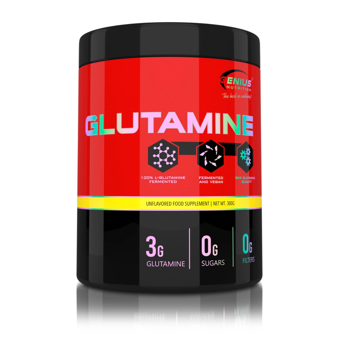 GENIUS NUTRITION Glutamine 300 g, rauð og gul dós með 3 g L-glútamíni í skammti