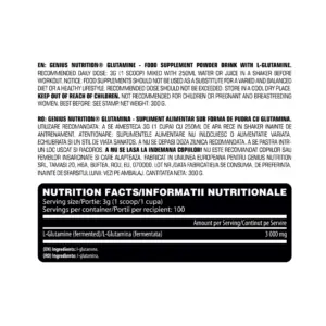 Næringargildatafla og notkunarleiðbeiningar fyrir GENIUS NUTRITION Glutamine 300 g