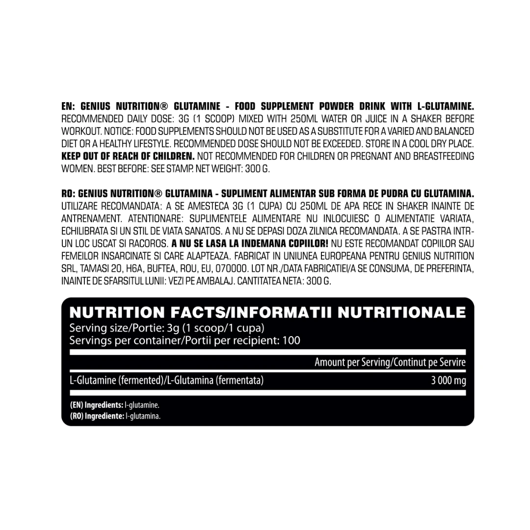 Næringargildatafla og notkunarleiðbeiningar fyrir GENIUS NUTRITION Glutamine 300 g