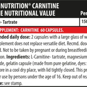 Næringargildi fyrir L-Carnitine hylki frá Genius Nutrition, 1500 mg L-karnitín tartrat í tveimur hylkjum