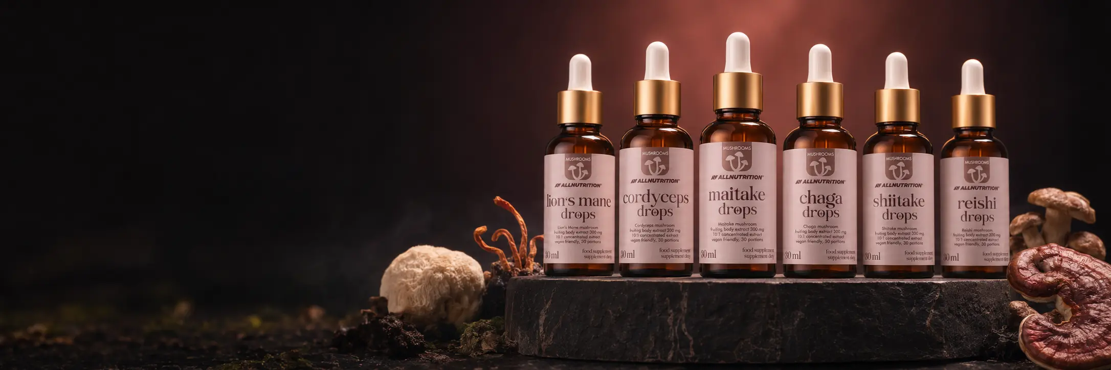 ALLNUTRITION Mushrooms sveppadropar - Lion’s Mane, Cordyceps, Maitake, Chaga, Shiitake og Reishi
