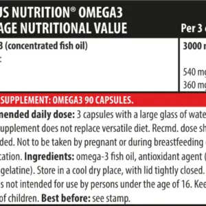 Næringargildi fyrir Omega 3 hylki frá Genius Nutrition, 3000 mg fiskiolía í þremur hylkjum