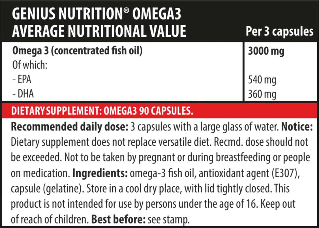 Næringargildi fyrir Omega 3 hylki frá Genius Nutrition, 3000 mg fiskiolía í þremur hylkjum