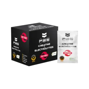 PAS Creatine og Electrolytes askja ásamt skammtapoka með Fruit Punch bragði