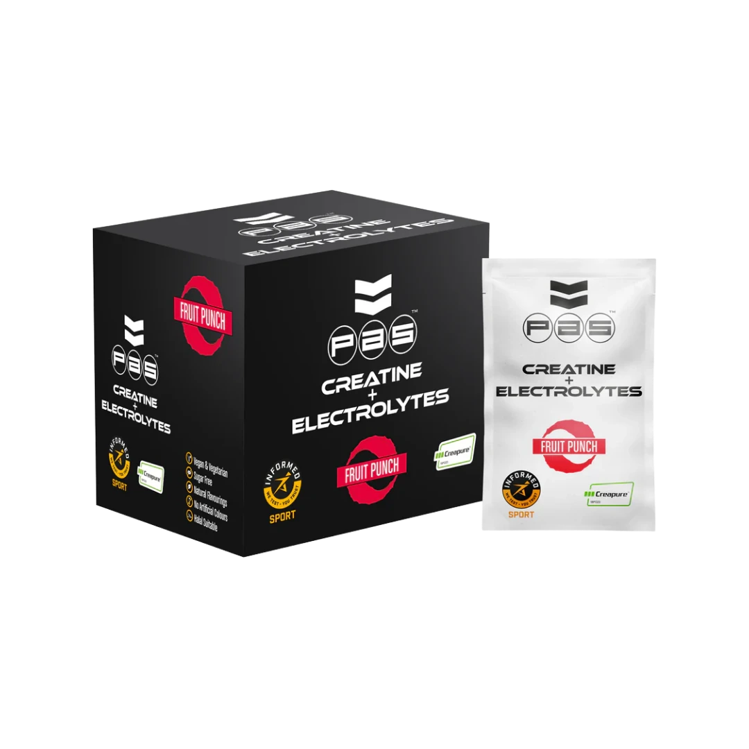 PAS Creatine og Electrolytes askja ásamt skammtapoka með Fruit Punch bragði