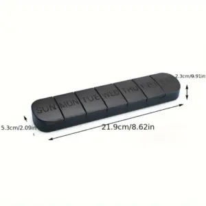 Svart pillubox fyrir vikuna með málum: 21,9 cm lengd og 5,3 cm breidd