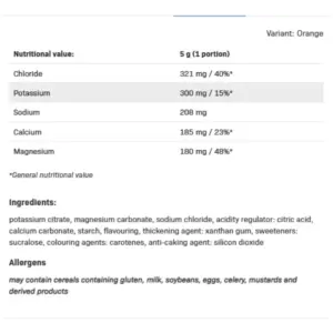 Næringargildatafla SFD Electrolytes með klóríði, kalíum, natríum, kalsíum og magnesíum