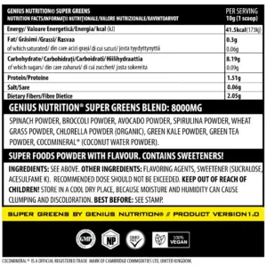 Næringargildi og innihaldsefni fyrir Genius Nutrition Super Greens grænan drykk