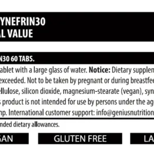 Næringargildi fyrir Synefrin 30 brennslutöflur frá Genius Nutrition, 30 mg synefrín í töflu