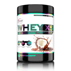 WHEY-X5 prótín 900 g í svartri dós með súkkulaði- og kókosbragði, 27 skammtar