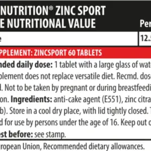 Næringargildi fyrir Zinc Sport frá Genius Nutrition, 12,5 mg sínksítrat í töflu