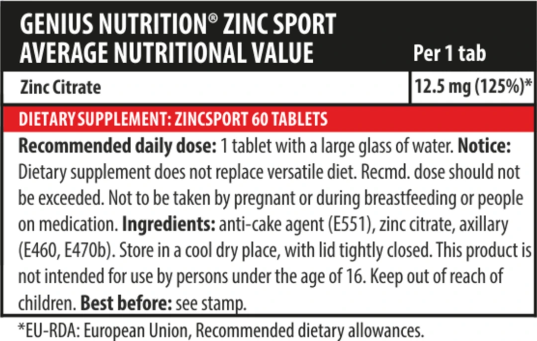 Næringargildi fyrir Zinc Sport frá Genius Nutrition, 12,5 mg sínksítrat í töflu